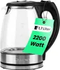 A glass electric kettle with a stainless steel base and a black handle, featuring a green tag with product specifications. Produktbild-Vorschau