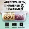 A glass food container is shown, split into two halves. One half shows food at 330 degrees, and the other half shows food at -20 degrees. Icons for an oven, microwave, and freezer are displayed below. Voir les images du produit