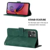 A flip leather phone case is shown in two configurations: one displaying the phone in use as a stand, and the other showing the back of the case with the phone inserted. Produktbild-Vorschau