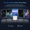 A white projector lens is shown in the center, surrounded by five screens displaying different celestial scenes. Text above describes the product's mood-setting capabilities, and icons below highlight features. Produktbild-Vorschau