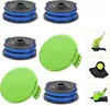 A collage of string trimmer spools and parts, with some smaller images of trimmer heads and a trimmer body. Náhľad obrázku produktu