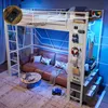 A loft bed with a sofa underneath, decorated with LED lights. Produktbild-Vorschau