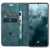 A teal flip cover case for a smartphone is shown open, revealing card slots and a banknote. The smartphone screen displays the time and date. Produktbild-Vorschau