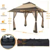 A diagram showing the dimensions and features of a gazebo, with a smaller inset image of the gazebo packed in a car. Produktbild-Vorschau