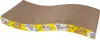 A cat scratching board with a wavy shape and a yellow border decorated with cartoon cat faces and stars. Voir les images du produit