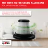 A close-up of a vacuum cleaner filter with animated green particles flowing around it. Voir les images du produit