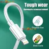 A white charging cable with a lightning connector is shown against a teal background, with text and circular insets highlighting its features. Produktbild-Vorschau