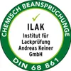 A circular certification mark with text and a checkmark. Produktbild-Vorschau