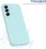 A light blue phone case is shown with water splashing around it, suggesting water resistance. Produktbild-Vorschau