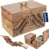 A wooden sewing box with multiple compartments and drawers, shown in an open and closed state, with a product tag attached. Voir les images du produit