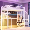 A white loft bed with a desk and shelves underneath, set in a modern bedroom with purple lighting. Podgląd zdjęcia produktu