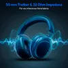 A pair of blue headphones with glowing blue sound waves emanating from them, set against a dark background. Produktbild-Vorschau