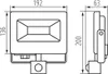 Technical drawing of an LED floodlight with dimensions indicated. Náhľad obrázku produktu