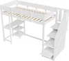A white loft bed with a desk and shelves on one side and stairs on the other, shown against a white background. Produktbild-Vorschau