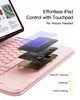 A pink iPad keyboard case with a layered diagram showing its internal components, next to an iPad screen displaying content. Produktbild-Vorschau