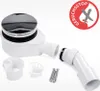 A white shower drain siphon with a chrome cover and various accessories, set against a white background. Produktbild-Vorschau
