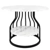 A round dining table with a marble-effect top and a lower shelf, supported by black metal legs. Produktbild-Vorschau