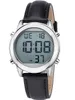 A digital watch with a black leather strap is shown against a white background. Náhled obrázku produktu
