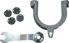 A collection of plumbing parts, including a U-shaped bracket, four circular caps, and a wrench. Produktbild-Vorschau