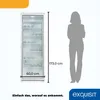 A refrigerator is shown next to a silhouette of a person to indicate its size. Dimensions are also displayed. Produktbild-Vorschau