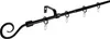 A black adjustable curtain rod with decorative scroll ends and attached curtain rings, shown against a white background. Produktbild-Vorschau