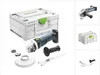 A collage of images showing a Festool angle grinder, its storage case, and accessories. Produktbild-Vorschau