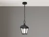 A black outdoor pendant light fixture hangs from a chain against a gray and white background. Produktbild-Vorschau