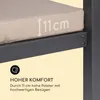 Close-up of a cushion on a metal frame, with text indicating comfort and dimensions. Produktbild-Vorschau