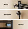 A collage of three images showcasing features of a black towel radiator. Anteprima dell’immagine prodotto