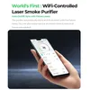 A hand holding a smartphone displaying a smoke purifier app interface, with text describing the product's features above. Produktbild-Vorschau