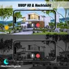 A split image showing a modern house viewed through a smartphone screen, first in daylight and then in night vision. Produktbild-Vorschau