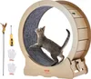 A cat is running on a large wooden wheel designed for cats, with accessories like a feather wand, screwdriver, and gloves laid out next to it. Náhľad obrázku produktu