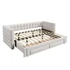 A beige upholstered daybed with its mattress support extended, showing the internal structure and drawers. Náhľad obrázku produktu