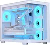 A white computer tower case with blue LED lighting. Produktbild-Vorschau