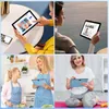 Collage of four images showing people using a blue tablet in different settings: a video call at home, a video call by the sea, two women in a kitchen, and a woman exercising. Produktbild-Vorschau