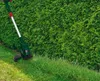A cordless grass trimmer is being used to trim the edge of a lawn next to a dense green hedge. Produktbild-Vorschau