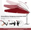 Diagram showing how to adjust the tilt of a red patio umbrella, with numbered steps and text explaining the feature. Produktbild-Vorschau