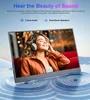 A woman wearing headphones is shown on a portable monitor screen, with sound wave graphics below. Produktbild-Vorschau