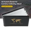 A black banknote collecting album with a gold world map and text on the cover, shown at an angle with pages open. Produktbild-Vorschau