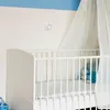 A baby crib with a white canopy and a stuffed animal inside, next to a wall with a small circular light fixture. Voir les images du produit
