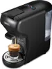 A black HiBREW coffee maker is shown brewing an espresso into a glass. Produktbild-Vorschau