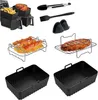 A collage of air fryer accessories, including silicone liners, racks, tongs, and a brush. Produktbild-Vorschau