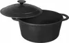 A black cast iron pot with its lid slightly ajar, shown from a side angle against a white background. Produktbild-Vorschau