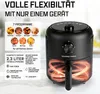A black air fryer is shown with marketing text and graphics highlighting its features and programs. Produktbild-Vorschau