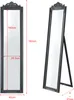 Two views of a dark gray, ornate floor mirror with dimensions indicated by red lines and text. Anteprima dell’immagine prodotto