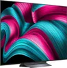 A side view of a modern flat-screen television displaying a colorful abstract image. Produktbild-Vorschau
