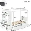 A diagram showing the dimensions of a white bed frame with drawers and shelving. Produktbild-Vorschau
