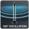 A tall, black and silver tower fan with a digital display at the top, set against a dark gray background with glowing blue concentric circles emanating from it, suggesting airflow and oscillation. Text at the bottom reads "180° OSCILLATION". Produktbild-Vorschau