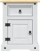 A white wooden nightstand with a wooden top, a drawer, and a cabinet door with black hardware. Produktbild-Vorschau