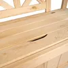 A close-up view of a wooden park bench with a storage compartment. Produktbild-Vorschau